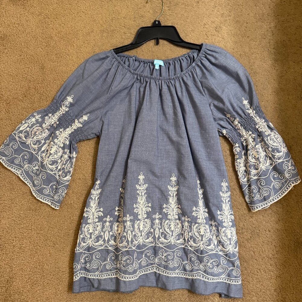 Embroidered Blue Peasant Style Top